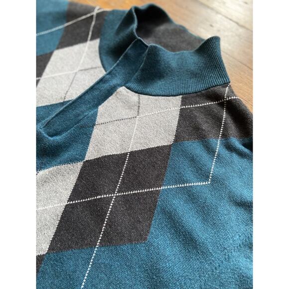 TASSO ELBA Blue 1/4 Zip Cotton Argyle Pullover Sweater sz Large - Picture 2 of 8